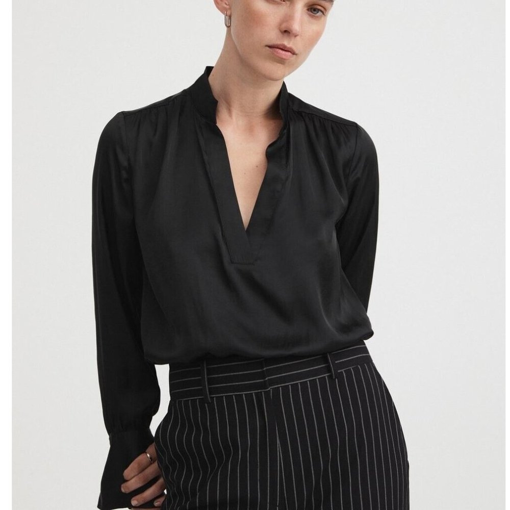 Witchery Modern Cuff Blouse Top Long Sleeve Black Satin Office Work Lux Size S 8 - Picture 1 of 13